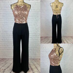 Charlotte Russe Sequin Halter Lace Up Wide Leg Jumpsuit